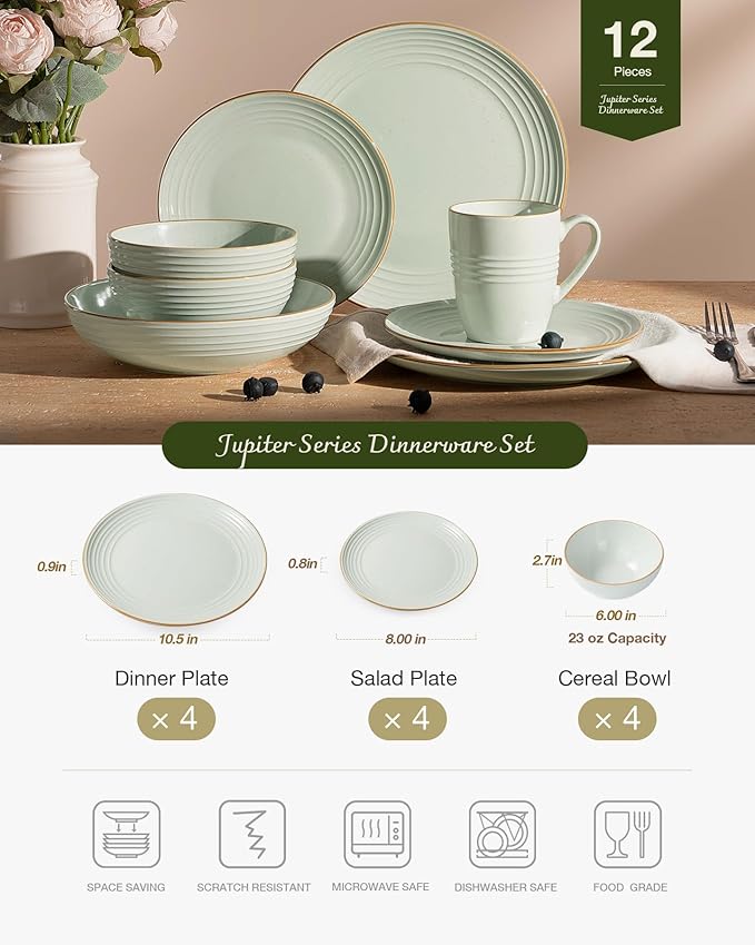Famiware Jupiter Dinnerware Set, Plates and Bowls Dish Sets for 4 (12 Pieces), Speckled Stoneware Tableware wtih Trim - Microwave and Dishwasher Safe, Chip and Scratch Resistant, Light Green