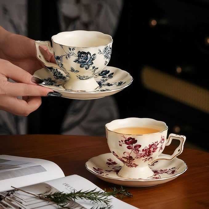 KAMMAK Tea Cups and Saucers Set of 2, 7 oz Porcelain Coffee Cups, 562N | - Image 6