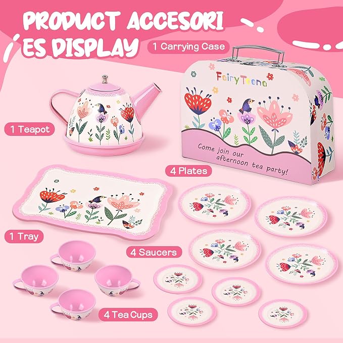 Tea Party Set for Little Girls, Pretend Tin Teapot Set - Image 3