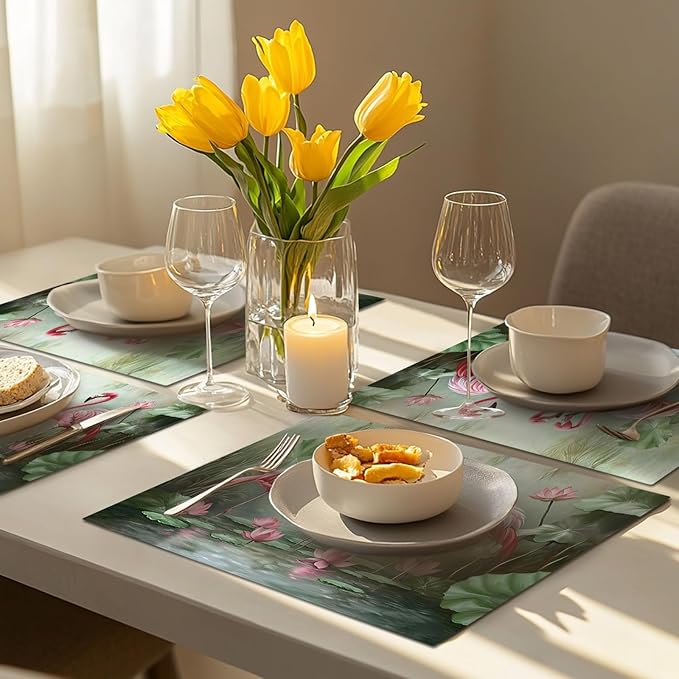 Flamingo Placemats Set of 6, Flamingo Tropical Flowers Place Mats, Wildlife Waterproof Washable Table Mats for Home Party Indoor Kitchen Dining Table Decoration 12x18 Inch
