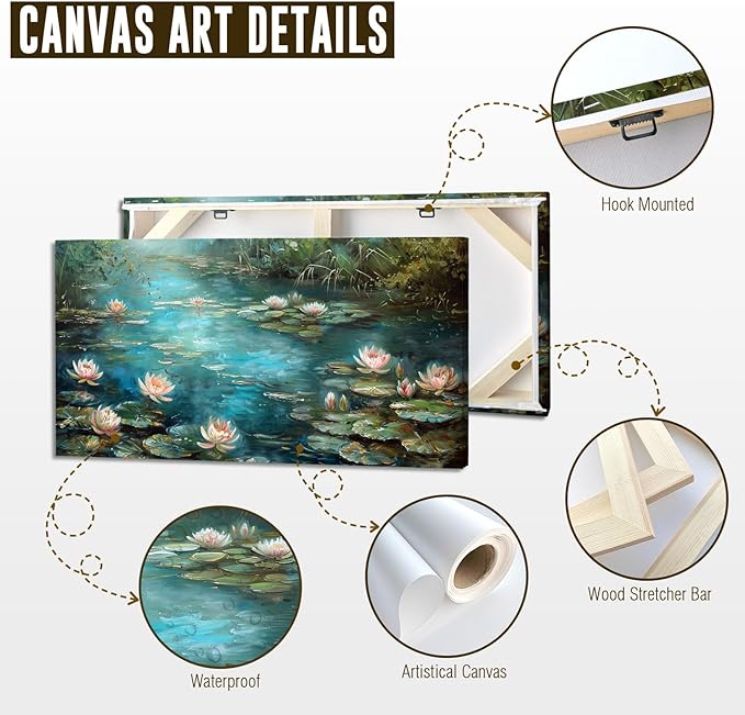 ADJUVANT Wall Art Impressionist Water Lily Pond 40" L x 20" W, Lotus Flower Canvas Painting Nature Artwork Green Water and Pink Blooms Prints Wall Decor for Living Room Bedroom Study Home Office