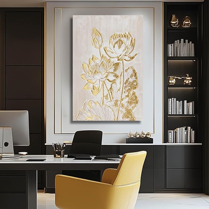 YJYart Plant Canvas Wall Art Flower Wall Decor Gold Wall Decorations 24"x36" Office Art Posters Oil Painting for Bedroom Kitchen