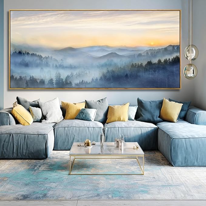YJYart Blue Prints for Wall Decor Forest Wall Art Mountain Canvas Pictures 40"x86" Large Posters for Dining Room Office Artwork