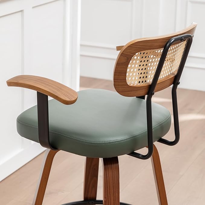 Rattan Swivel Bar Stools Set of 2,Green Faux Leather Counter Height Barstools with Arms Rattan Backrest/Wooden Legs,Mid Century Modern Bar Chairs for Kitchen/Dining Room/Bar