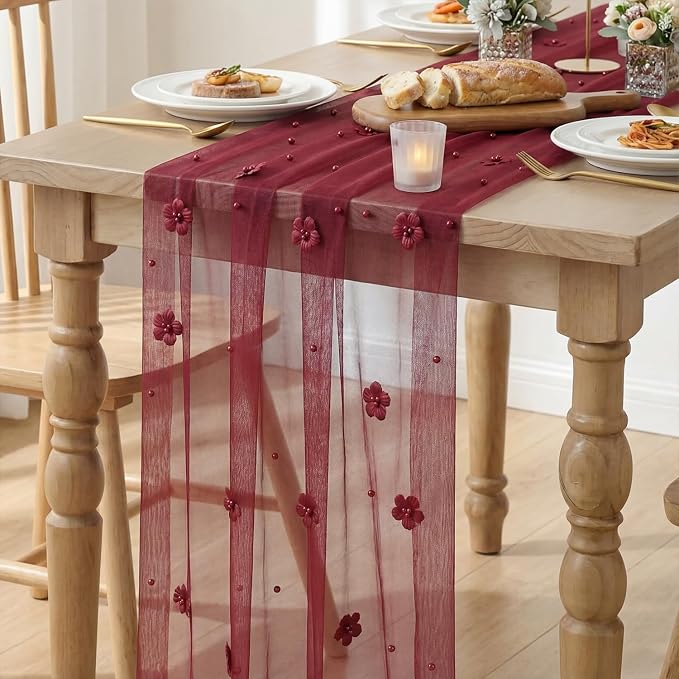Artoid Mode Burgundy Flower Pearl Burgundy Gauze Table Runner 10FT, Seasonal - Image 6