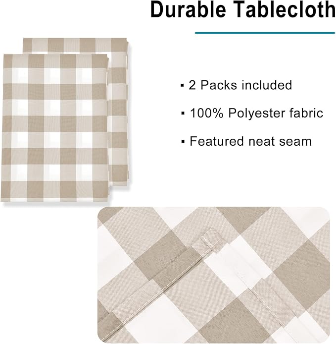 Buffalo Plaid Tablecloth 54 x 108 inch 2 Pack Khaki and White | Waterproof - Image 3