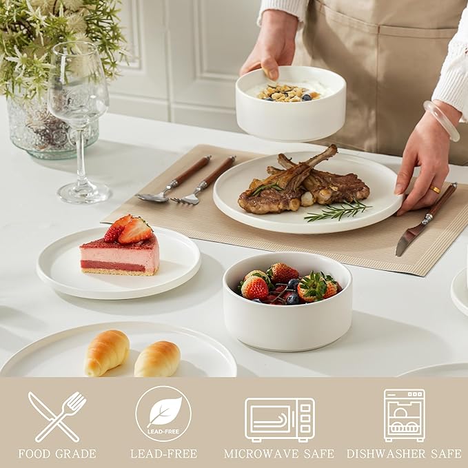 Stoneware Salad Plates Set of 4, 8 Inch Plates for Dessert, Ceramic Plates Sets, Microwave Safe, Dishwasher Safe, Versatile for All Seasons, Matte White