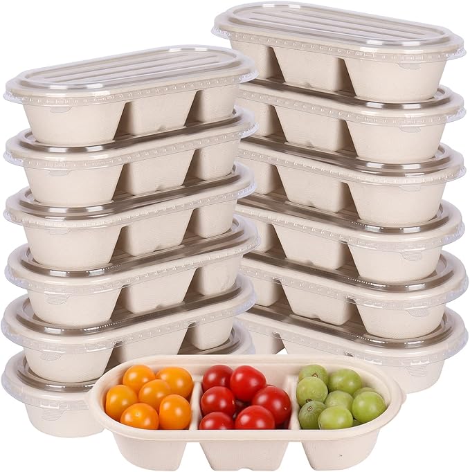 disposable paper bowls 18 oz 3 compartments with lids, Sugarcane Fiber For Snack, Dessert, Meal Prep 50 Pack