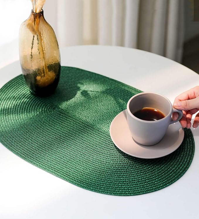FunWheat Oval Braided Placemats Set of 6 Table Mats for Dining Tables Washable Heat Resistant Place Mats for Indoor Outdoor Use 12 x18 Inch (Oval Black Green, 6pcs)
