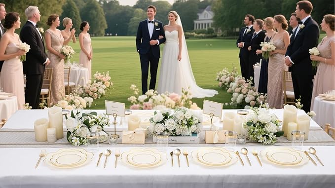 EI 180pcs Beige Plastic Plates with Gold Plastic Silverware,Heavy-Duty Disposable Plates for Party,White Dinnerware Set for 30 Guest Wedding,Afternoon Tea,Spring,Valentine's Day,Easter