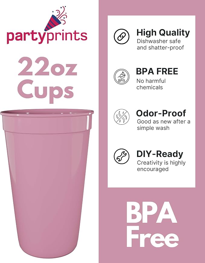 PartyPrints 100 Pack 22 oz Pink Reusable Blank Plastic Cups, Colored Plastic - Image 2