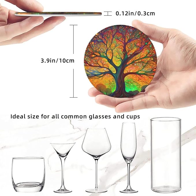 Tree of Life Colorful Leaves Leather Coasters Set of 6 - Image 3