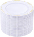 DaYammi 60PCS White and Gold Plastic Plates, Disposable Heavy Duty Plates Premium 7.5inch White Dessert Cake Salad Appetizer Plates Hard Plastic Platos Disposable for Party Wedding