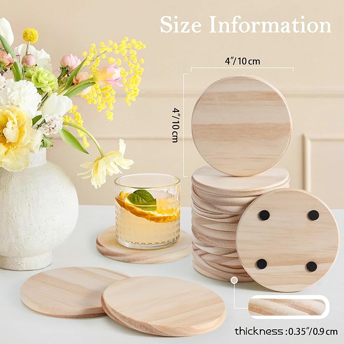 60 Pieces Unfinished Wood Coasters, GOH DODD 4 Inch Wooden Blanks with Non-Slip Pads for Laser Engraving Wood Burning Staining Painting Decoupage Housewarming Gifts Wedding Crafts Education, Round