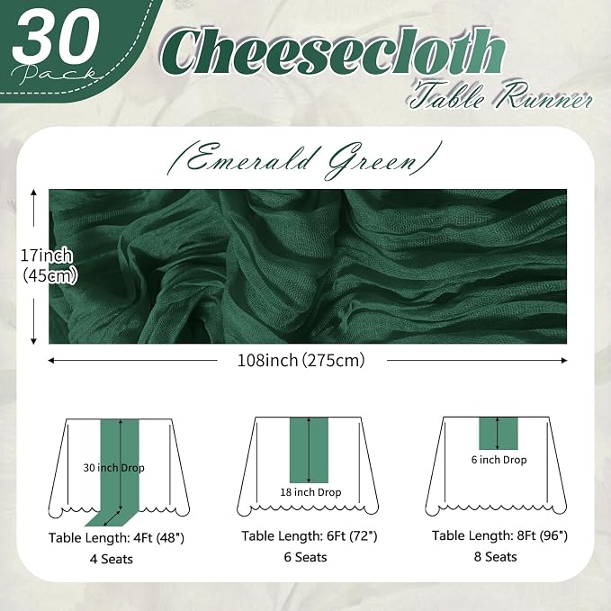30 Pack Emerald Green Cheesecloth Table Runner 17 x 108 inch Cheese Cloth Table - Image 2