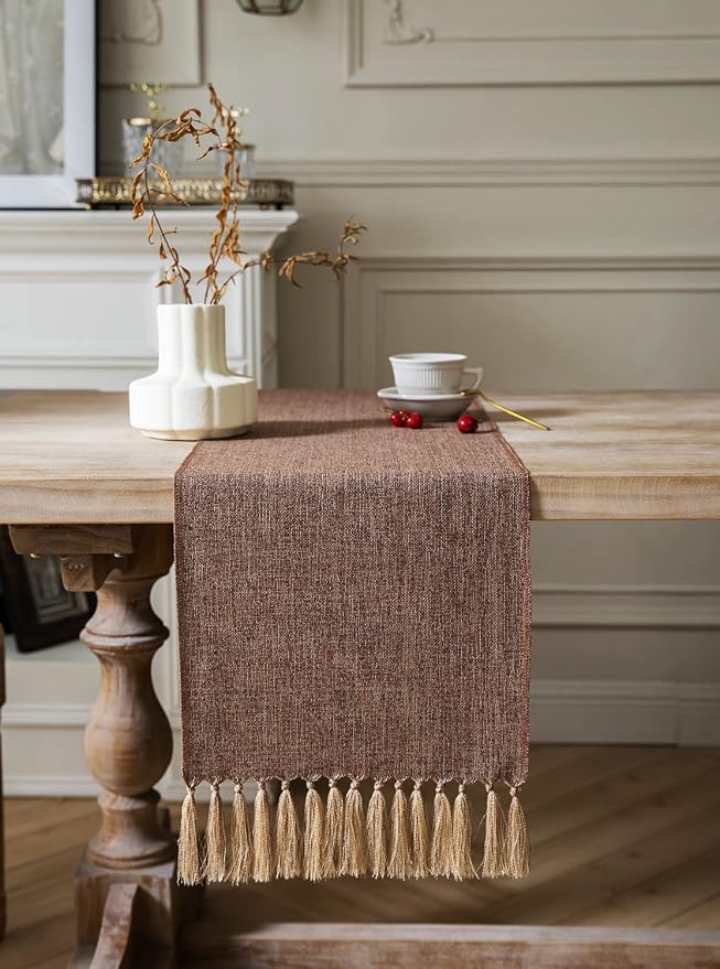 Brown Table Runners 108 Inches Long, Burlap Linen Style Rustic Farmhouse Table - Image 2