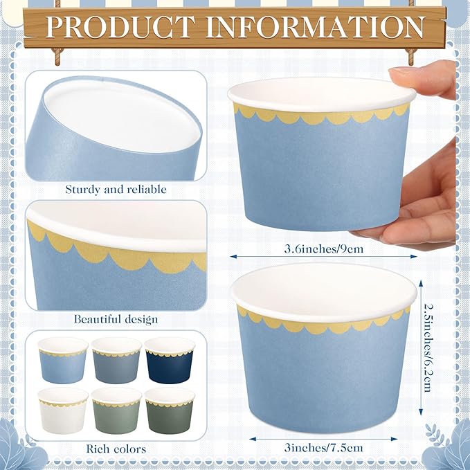 Zopeal 96 Pcs Winter Disposable Ice Cream Bowls 9oz Dusty Blue and Green Gradient Color Paper Snack Cups with Gold Scallop for Parties, Weddings, Baby Showers, Desserts, Yogurt, and Salads