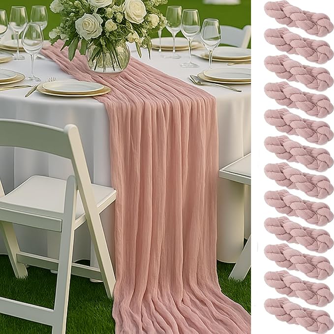 12 Pack Dusty Pink Cheesecloth Table Runners – 10FT Blush Gauze Boho Table by HQ-SITE