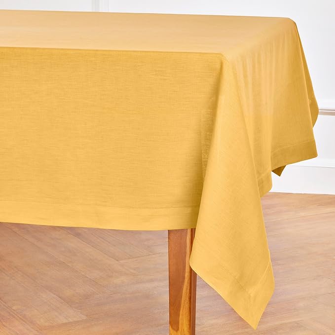 Solino Home Linen Tablecloth for Rectangle Tables 60 x 144 Inch - 100% Pure Linen Mustard Yellow Table Cloth - Fete, Machine Washable Cloth Tablecloth for Spring, Easter