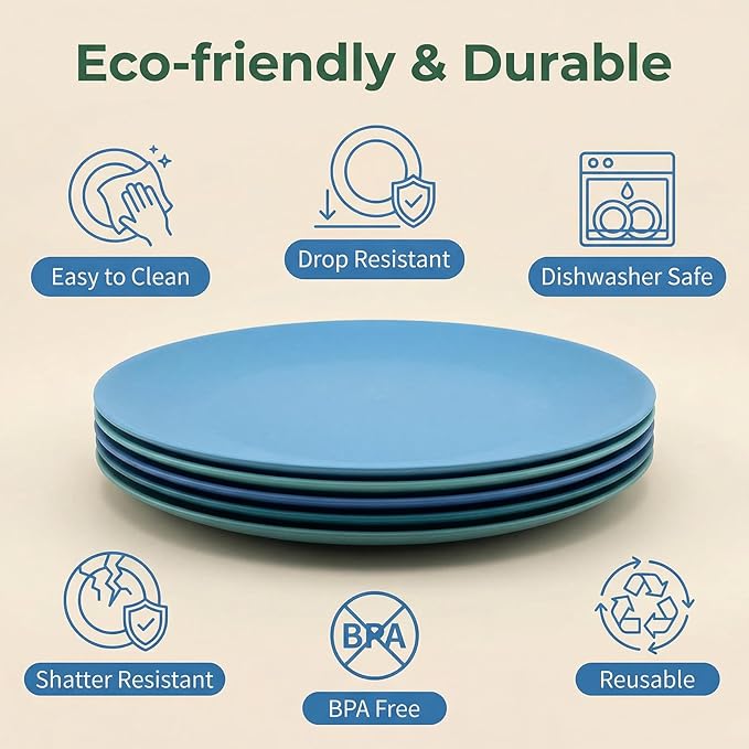 10 inch Wheat Straw Plates, Unbreakable Flat Dinner Plate Set of 8, BPA Free Dishwasher & Microwave Safe Reusable Salad Camping for Kids Kitchen (4 Color)