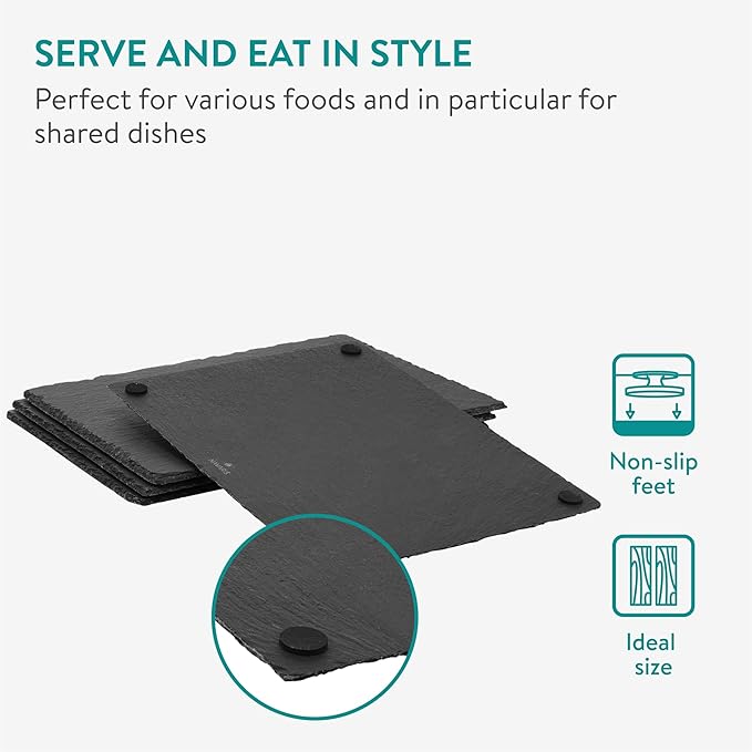 Navaris Slate Plates - Food Contact Safe Black Stone Plates - Charcuterie Boards Serving Plate - Stone Slate Slab Platter Cheese Board - Set of 4-15 x 11 (38 x 28 cm)