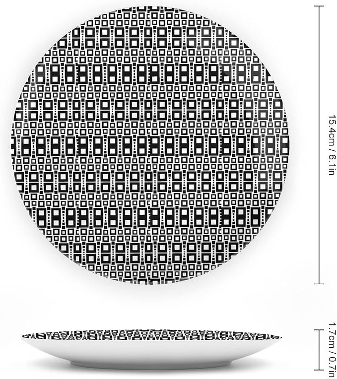 Decorative Plates, Abstract Print Ornament, Monochrome Squares of Motif Grid Design Geometric, 7 Inch, 1 Plate with 1 Display Stand, Black White