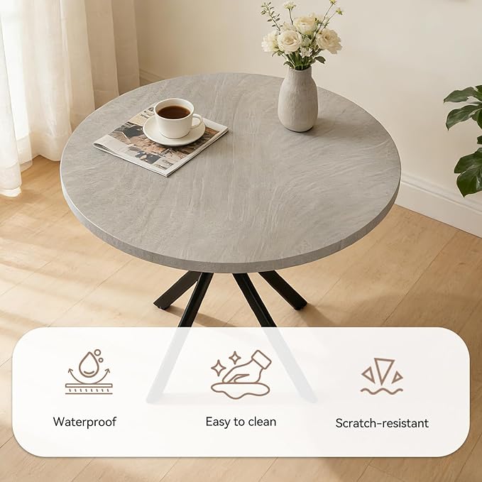 44" Round Dining Table with Chair Set for 4, Modern Mid-Century Dining Table Set of 4, Cozy Dinette Sets with Metal Leg for Kitchen Dining Room Apartment(Gray Table + Brown Chairs)