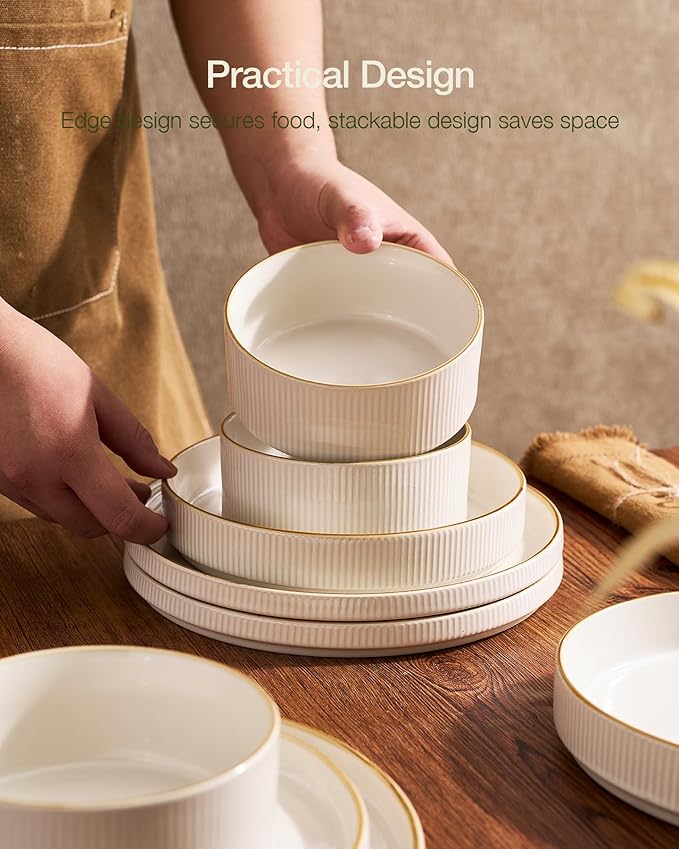 Famiware Star Dinnerware Set with Mugs, Service for 6 (24 Pieces), Ribbed Stoneware Plates and Bowls Dishes Sets with Trim - Chip & Scratch Resistant, Microwave & Dishwasher Safe, White