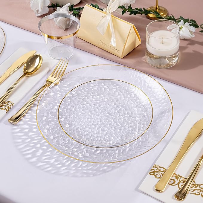 DaYammi 100 Pcs Gold Plastic Plates - 10 inch Clear Gold Dinner Plates Plastic Plates Disposable - Hammer Pattern Design - Fancy Disposable Plate - Heavy Duty Party Plate Ideal for Wedding