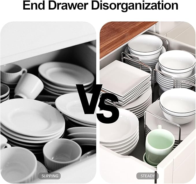 Dish Rack for Kitchen Countertop Organizer - Bamboo Plate Organizer for Cabinet Space Saver, Adjustable Stainless Steel 304 Plate and Bowl Holder with Portable Handle for Drawer Cupboard Shelf RV