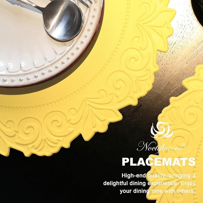 Noctiflorous Round Faux Leather 15 Inch Placemats Set of 6 Waterproof Wipeable Heat Resistant Tablemat for Dining Table Kitchen Non Slip Washable Oilproof Table Place Mat(Mango Yellow, 6)