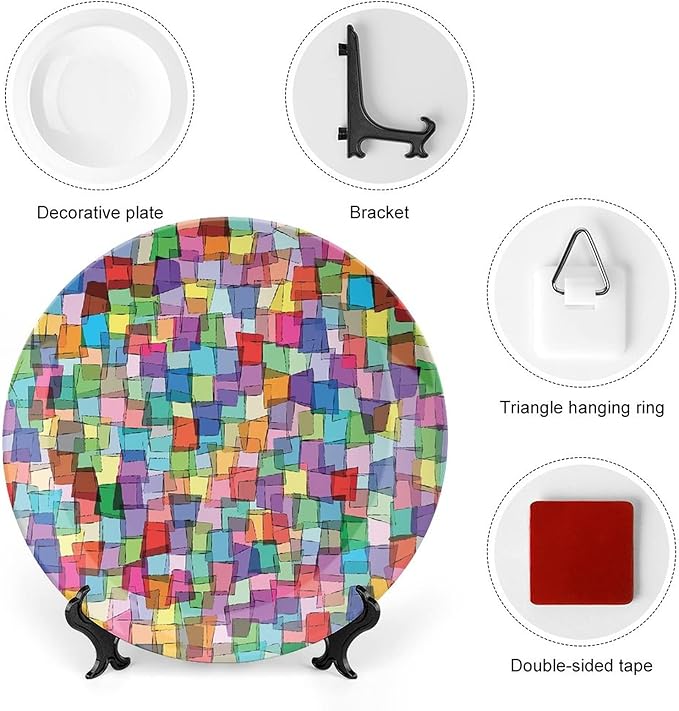 Ceramic Plates, Abstract Decorative Ceramic Plates, Mosaic Tile Pattern Colorful Squares Cubes, 8 Inch, for Dining, Parties, Wedding, Multicolor