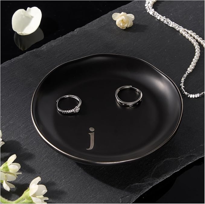 Lolalet Handmade Ceramic Ring Dish Jewelry Tray Plate with Initial, Small Monogram Gift for Her Women Girls Mother, Hostess, Engagement, Bridal Shower, Maid of Honor, Bridesmaid, Birthday, Christmas