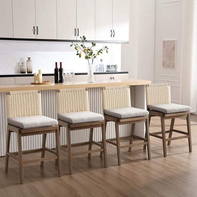 Mid Century Modern Counter Height Barstools Set of 4, 27” Linen Upholstered Counter Stools with Rope Woven Back Wooden Farmhouse Bar Stools for Kitchen Island Dining Room,Grey