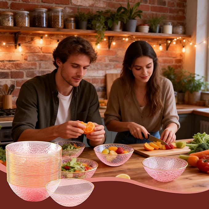 Tinybee 50 Pack Pink Plastic Bowls - Pink Disposable Bowls for Party with Gold Rim, 16-20oz Premium Hammered Bowls Disposable Heavy Duty, Plastic Salad Bowls for Milk Cereals, Snacks, Salads