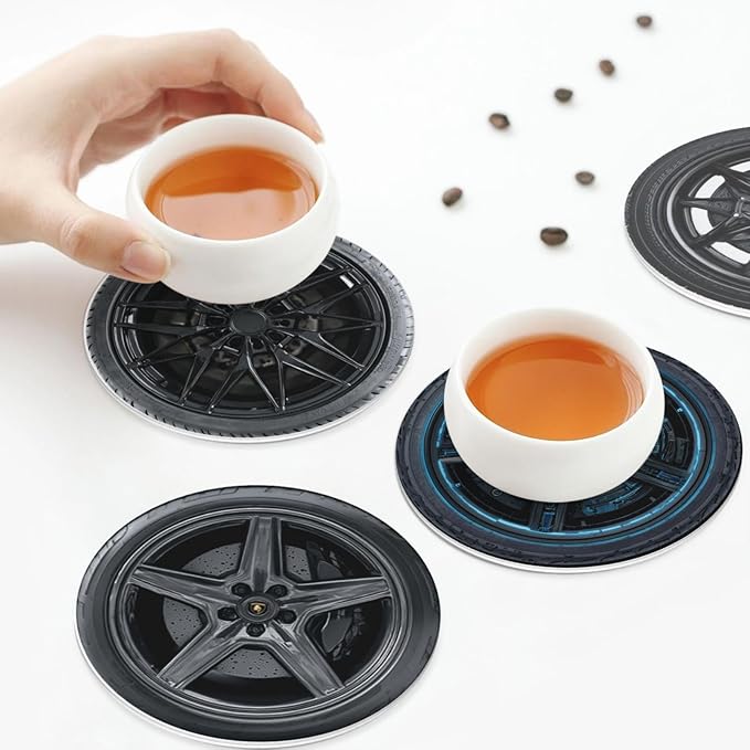 Tire Pattern Coasters for Drinks with Holder Round Leather Coasters Set of 6 Cups Mugs Mat Pad for Home Kitchen Bar