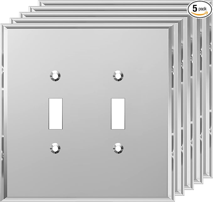 LIDER Reflective Acrylic Toggle Switch Wall Plate, Mirrored Double Light Switch Cover, Plexiglass Cover Plate, Acrylic Glass, Oversized 2-Gang 5.25" x 5.25", LWP-12O-ASV5P, Silver, 5 Pack
