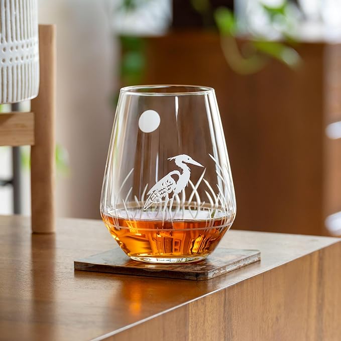 Rolf Glass Heron Stemless Wine Tumbler 18oz - Stemless Wine Glasses – Lead-Free Engraved Glass - Made in the USA (Set of 4)