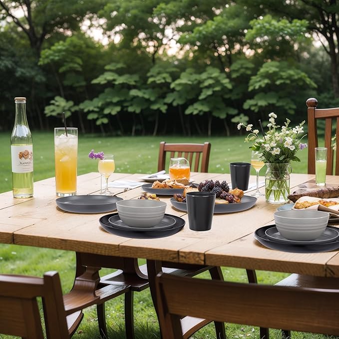 LIYH 16 Pcs Plastic Wheat Straw Dinnerware Sets for 4 - Plates and Bowls Sets Reusable Tableware Dish Set for 4 Include Wheat Straw Plates Bowls Cups Microwave Dishwasher Safe