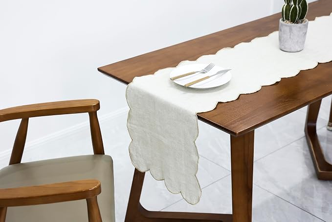 100% Natural Linen Rustic Scalloped Embroidery Table Runner 144 Inches Long - Image 5