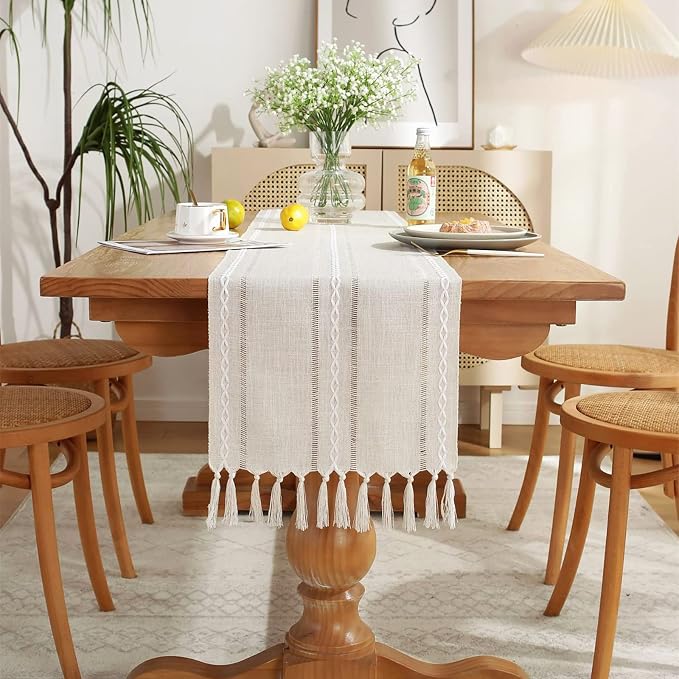 Wracra Rustic Linen Table Runner, Ivory Table Runners 90 inches Long | Raised - Image 6