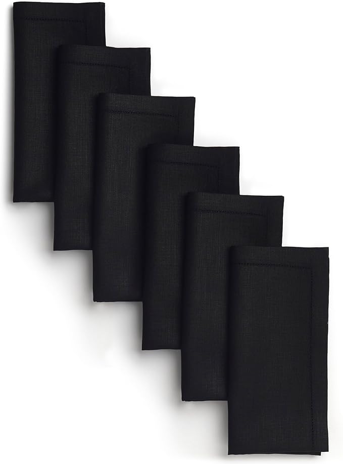 D'Moksha Homes Black Linen Napkins Set of 6 - Classic Hemstitch 100% Pure Linen Hemstitch Dinner Napkins 20 x 20 Inch for Spring, Easter - Handcrafted and Machine Washable