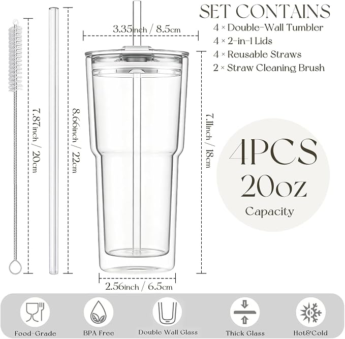 KEMORELA 20oz Double Wall Glass Tumblers 4‑Pack - Image 3