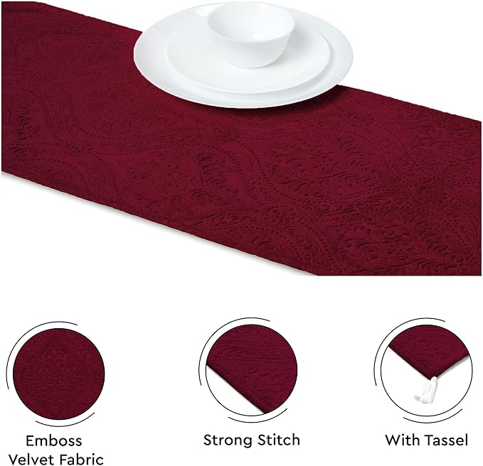 Encasa XO Table Runner, Embossed Velvet, Elegant 13"x72" | Maroon, 175 GSM - Image 3