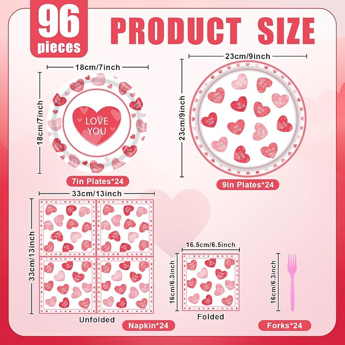 96 Pieces Valentine’s Day Tableware Set – Red and Pink Heart Message Disposable - Image 2