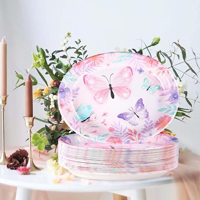 50Pcs Butterfly Oval Paper Plates 10" x 12" Large Disposable Heavy Duty Watercolor Butterfly Floral Party Plates Pink Spring Dessert Platters for Girls Baby Shower Butterfly Birthday Party Supplies