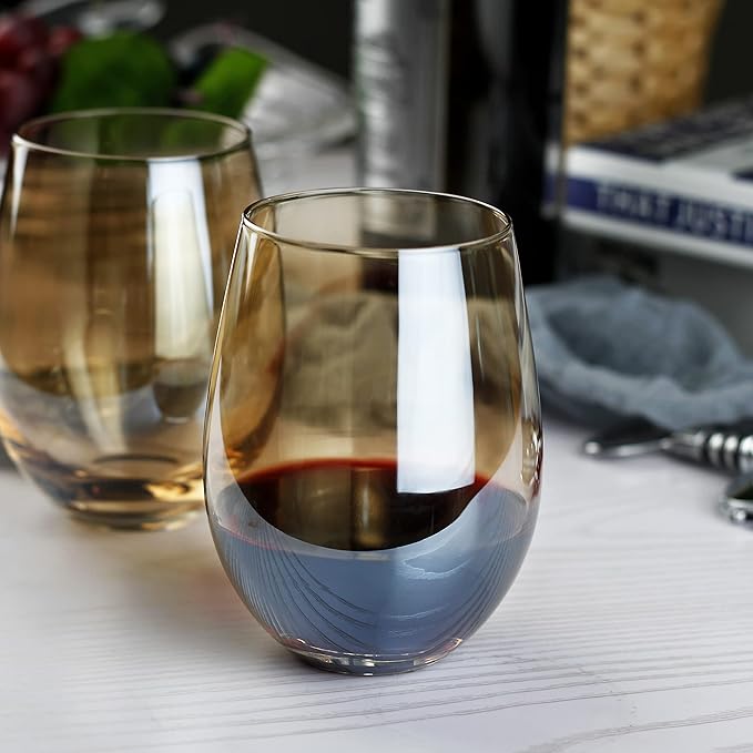 LUXU Amber Stemless Wine Glass(Set of 4)-20 Ounces,Colored Water Juice Drinking Glasses,All-Purpose Glass Wine Tumblers,No Stem Glass Beverage Cups,Perfect for Home,Bar,Restaurants and Parties