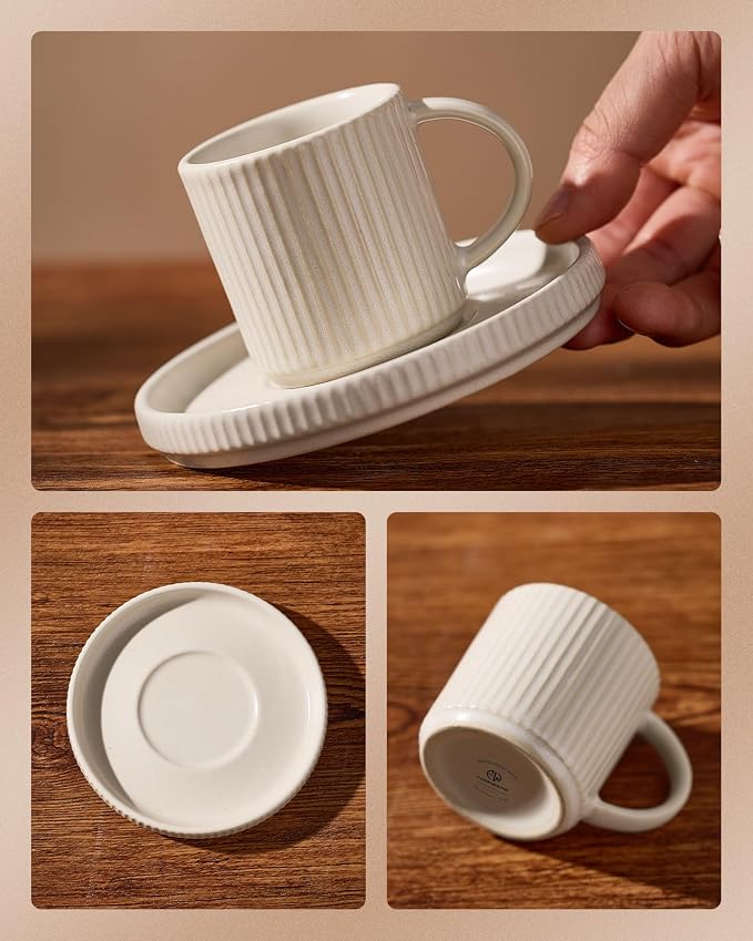 famiware 3oz Espresso Cups and Saucers, Matte White | Ceramic Small Coffee Mug - Image 4