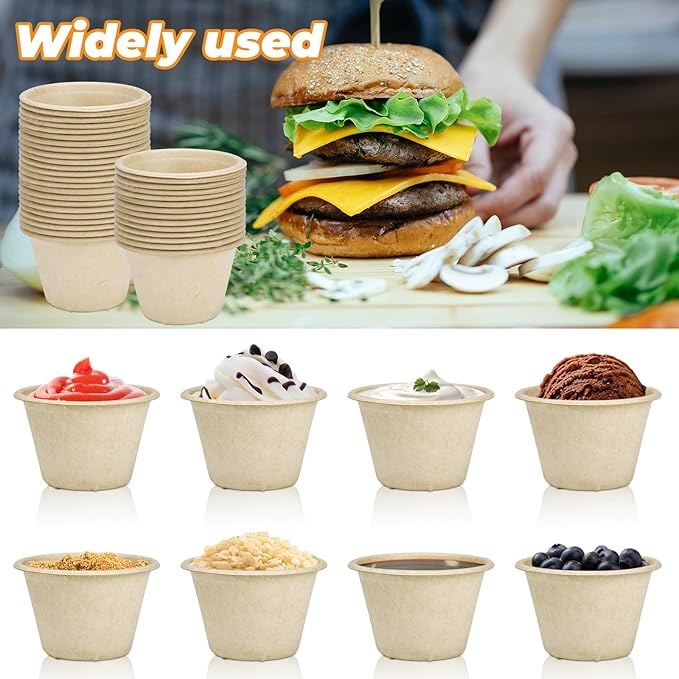 LeonBach 150 Pack 4oz Natural Bagasse Fiber Sauce Cups, Compostable Small Disposable Paper Dipping Bowls Biodegradable Condiment Portion Sample Snack Charcuterie Serving Tasting Cups