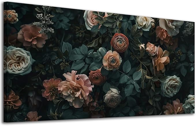 ADJUVANT Wall Art Floral 48"L x 24"W, Dark Hued Vintage Flowers With Lush Foliage Canvas Painting Elegant Blooms Artwork Retro Garden Prints Floral Wall Decor for Living Room Bedroom Study Home Office